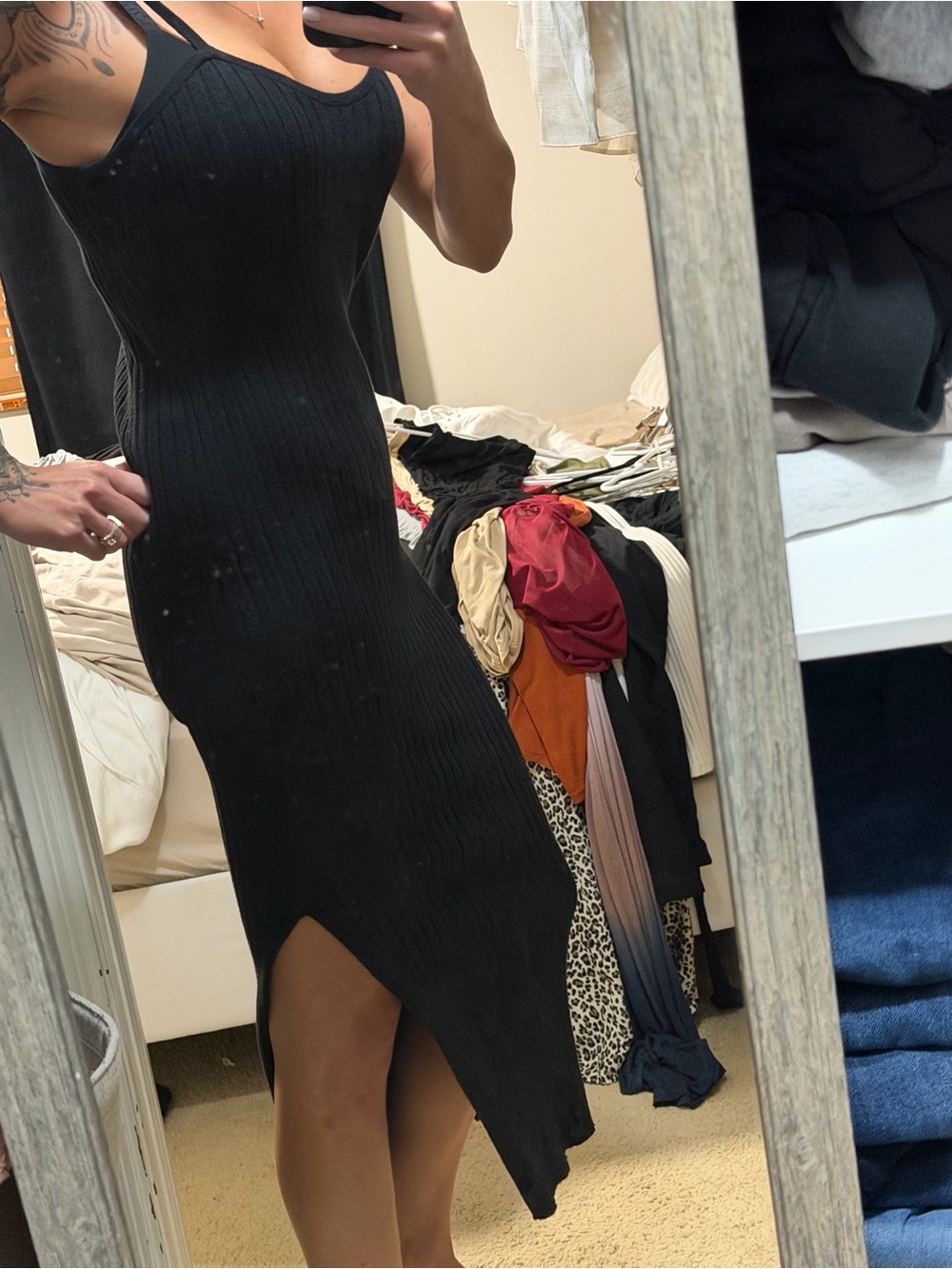 Universal Thread Black Ribbed Asymmetrical Slip Dress